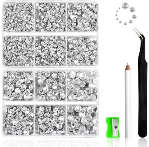 Strasssteine für Textilien, 6500 Stück Hotfix Strasssteines Rhinestones Gemischt in 5 Größen Nagel Steine mit Wachsstift Spitzer Pinzette klare Strasssteine Glitzersteine Silber