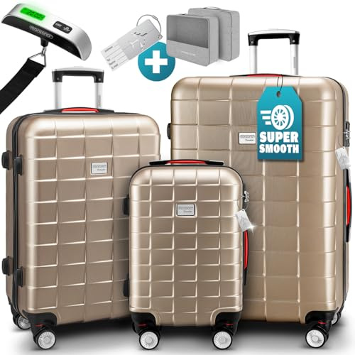 Monzana® Set de 3 valises rigides Champagne M/L/XL Cadenas TSA Pèse-valises Roues 360° Bagage 2 poignées Trolley Plastique ABS Voyage