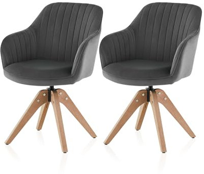 TUKAILAI Esszimmerstühle Drehbar 2er-Set aus Samt, Drehstuhl Esszimmer mit Armlehnen Rückenlehne Massivholzbeine,Küchenstuhl Polsterstuhl Armlehnenstuhl für Wohnzimmer Küche Schlafzimmer, Grau