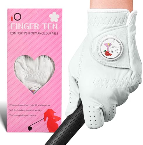 FINGER TEN Golf Gloves Women All Premium Cabretta Leather 1 Pack, Soft Comfortable & Breathable Grip Glove with Ball Marker Left Hand for Right Handed Golfer (Grape, Medium (Worn On Left Hand))