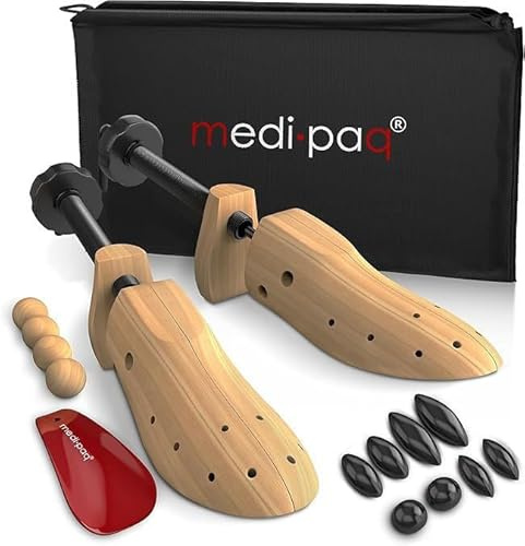 Medipaq Adjustable Shoe Trees with Stretching Spray - 1x Shoe Stretchers for Men (7-12) & 1x Women (3-8) with Cedar Balls & Storage Bag