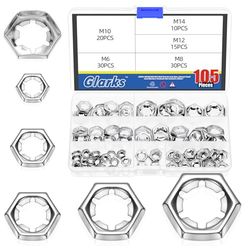 Glarks 105pcs M6 M8 M10 M12 M14 Push On Lock Nuts Assortment Kit, 304 Stainless Steel External Push Rings Nuts, Quick Speed Locking Nuts, Internal Tooth Star Lock Nuts for Shaft and Stud