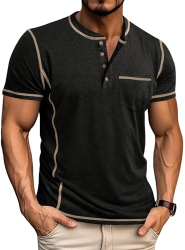 LAOARA Tee Shirt Homme T Shirt T-Shirts à Manches Courtes Homme Henley Col Tunisien Boutons Légére Tshirt Noir 2XL