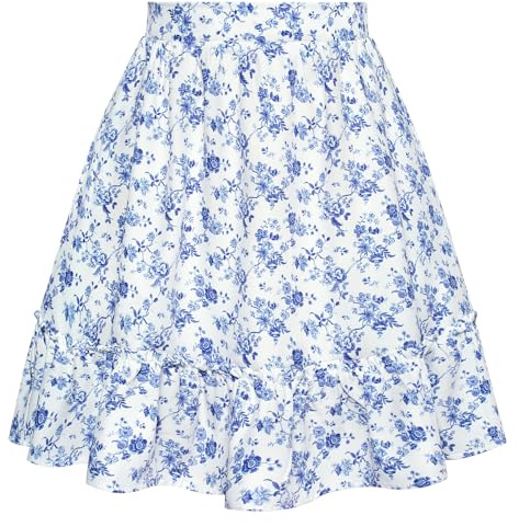 Belle Poque kvinnor blommigt tryck minikjol vintage hög midja A-linje skater-kjol, Vit blå-blommig, XXL