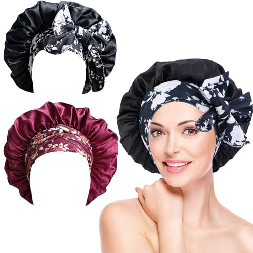 2 Stücke Doppelseitig Seidenhaube, Satin Haarhaube für Die Nacht, Seide Schlafmütz, Locken Satin Bonnet Seide, Nacht Bonnet mit elastischem Band für Schlaf, Dusche, Haarpflege, Spa, Friseursalons