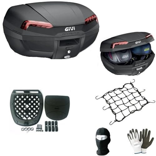 KOMPATIBEL MIT KYMCO DTX 360 E46N Koffer-TOPCASE MIT ROTEN Reflektoren + MONTAGESATZ + Anti-VIBRATIONSMATTE + Platte FÜR Motorrad-Scooter-GEPÄCKTRÄGER 2 GROßE HELME