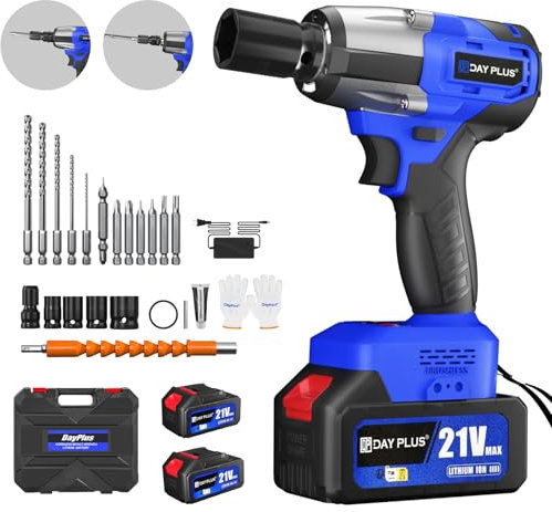 21V Avvitatore a Impulsi Brushless,Chiave Elettrica 3 in 1,3400 RPM,coppia massima di 550 N.M, 4 bussole,12 punte per cacciavite, batterie da 2x4.0Ah,per il settore automobilistico e per la casa,blu