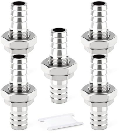 ERGAOBOY 5 Stück 304 Edelstahl Schlauch Barb Bulkhead Fitting, 12MM gerade Union Fitting Panel Mount Connector für Luft Wasser Kraftstoff