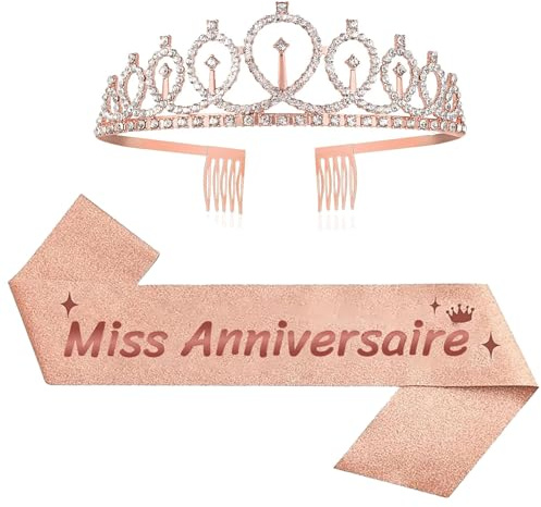 jenich (2 pcs) Joyeux Anniversaire Echarpe Miss Anniversaire Diadème Tiare de Couronne Or Rose Écharpe Happy Birthday Décoration Ensemble d'anniversaire Femmes