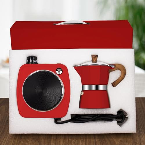 DITOSH 2-in-1 Moka Pot Espresso Set with Electric Stove 3 Cup Aluminum Stovetop Coffee Maker Percolator Italian Classic Mocha Coffee Machine for Italian and Cuban Cafe Brewing Portable Camping Red