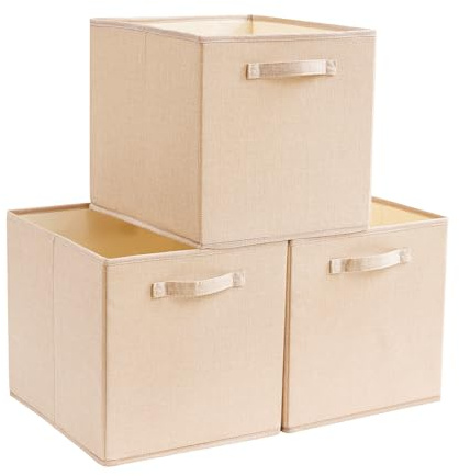 Mangata Aufbewahrungsbox 30x30x30 cm, faltenfrei Stoff Aufbewahrungskörbe für Kleiderkörbe, Körbe, Truhen, Spielzeug (3 er, Helles Khaki)