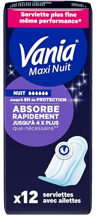 Vania | Serviettes Hygiéniques Nuit (12 pièces avec ailettes) – Serviettes plus fines à absorption rapide haute tolérance – Protection périodique avec forme anatomique extra longue