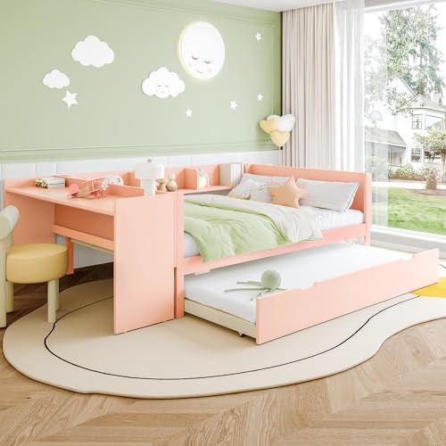 sofá Cama con Escritorio supletoria Camas de día con Estante Camas Individual de Pino+aglomerado para Adultos Adolescentes Plana Bed de Invitados sin colchón Rosa con Cama Nido 140x200 cm