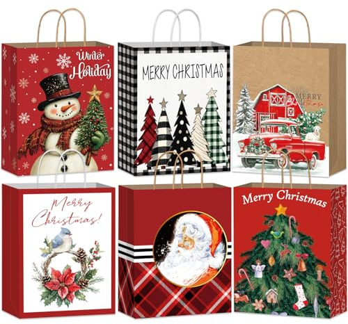 DECHISY 12 Stück Geschenktüten Weihnachten, Weihnachtsgeschenktüten mit Griffen, 6 Designs, 23 x 18 x 10 cm, perfekt für Weihnachts- und Neujahrsdekorationen