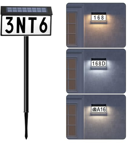 Solar Address Sign, Light Up House Numbers for Outside, 3-Color Illuminated LED Lighted Address Number with Stakes, Wall Mounted/In Ground Solar Powered Address Plaque for Yard Garden Home