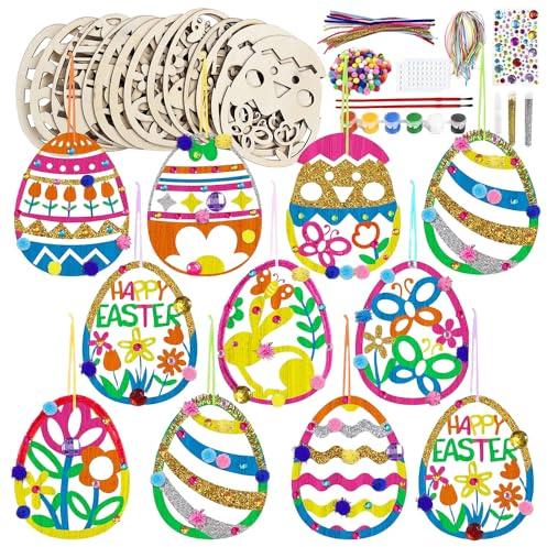 Holzanhänger Ostern Zum Bemalen, Oster Basteln, Holz Ostereier zum Bemalen, Bastelsets Holzanhänger, Bastelset Ostern mit Deko Schnur, Strass, Pinsel, Osteraufkleber