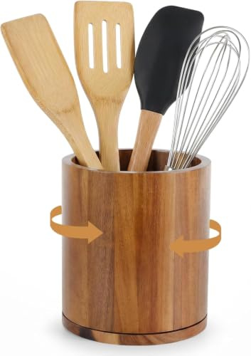 Dexpally Organizador de Utensilios Giratorio de 360 ​​°,Soporte Utensilios Cocina de Bambú, Utensil Holder for Kitchen Counter para Encimera de Cocina.(18.5×15.5×15.5 cm)