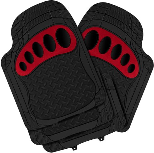WOLTU Tappetini Auto Universali Tagliabile Tappeto Antiscivolo Moquette Gomma Nero+Rosso Set 4 Pezzi