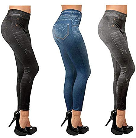 ShopINess Confezione da 3 Slim Jeggings Felpati con Pile Interno Leggings Stile Jeans Elasticizzati (1Nero, 1Grigio, 1Blu) (L-XL)
