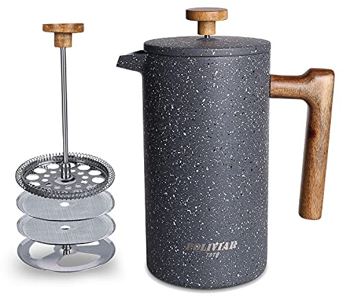 POLIVIAR French Press Coffee Maker, 34 Ounce Coffee Press with Real Wood Handle, Double Wall Insulation & Dual-Filter Screen, Food Grade Stainless Steel for Good Coffee and Tea (Lava)