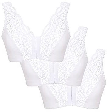 Eden House Ladies Pack of 3 Bra Cotton Lace Front Fastening Magic Bra White 18