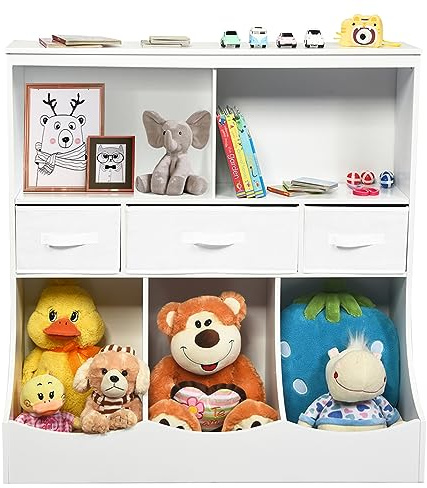 COSTWAY Libreria Contenitore per Bambini, con Ripiani e Cassetti, per Camera dei Bambini, 93 x 40 x 94 cm (Bianco)