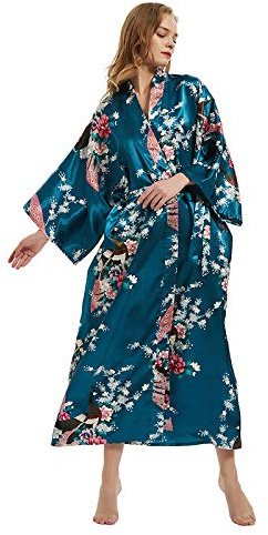 Kimono long de qualité supérieure pour femme, motif paon, robe de chambre pour demoiselle d'honneur, fête de mariage, pyjama, vêtements de nuit, Fleur de paon - Bleu paon, One Size Plus Tall