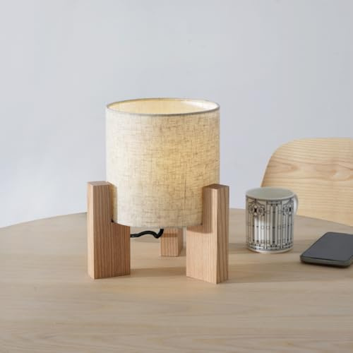 ouglres Nachttischlampe aus Holz,Lampenschirm aus Leinen In Weiß,Drahtgebundene Schalter，E27 Sockel Tischlampe,Moderne beige Tischlampe Im Vintage-Stil Für Wohnzimmer Und Schlafzimmer