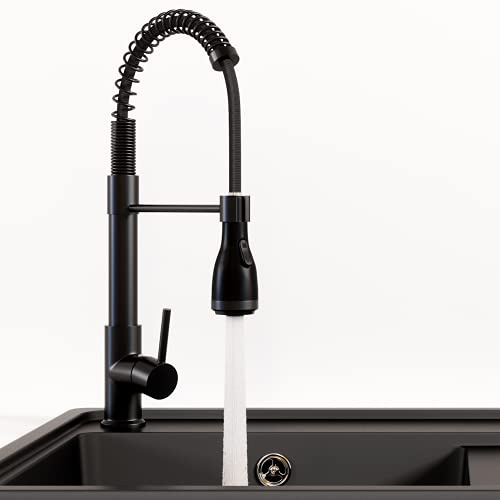 HAUSSMANN Robinet de cuisine avec douchette (basse pression) - Extensible et pivotant à 360° - En acier inoxydable - Pour la cuisine - Noir mat