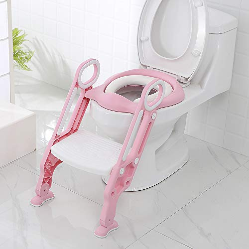 Töpfchentrainer Toilettentrainer Lerntöpfchen mit Treppe Armlehnen PU Gepolstert Rutschfest höhenverstellbar (Rosa+Rot)