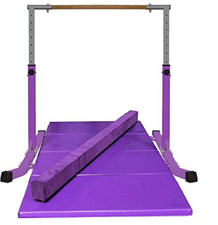 Athletic Bar Kids Gymnastics Horizontal Kip Bar with 6 FT x 4 FT Tumble Mat and Balance Beam Full Set, Adjustable 3 to 5 FT Gymnastic Junior Training Bar for Gymnasts Children, Fiberglass Rail Purple