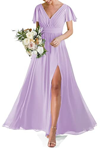 HPPEE Robe de demoiselle d'honneur de mariage pour femme avec double col en V et manches courtes, robe de soirée formelle avec fente, lilas, 38
