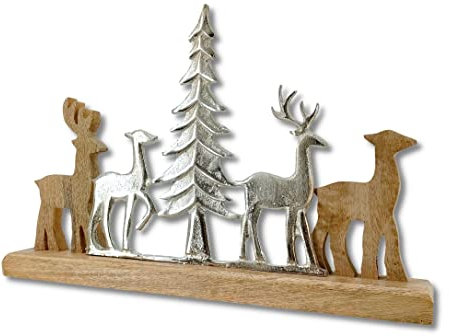 Mango-Holz und Metall Figur REH-Familie und Tannenbaum braun Silber 38 x 25cm Dekofigur Wald-Deko Tisch Dekoration