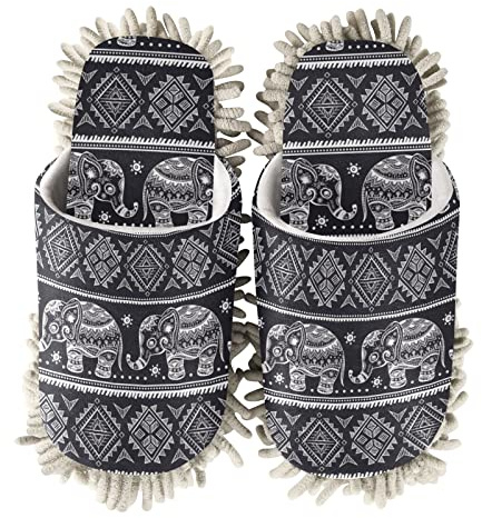Fisyme African Elephants Mop Slippers for Men Soft Washable Microfiber Super Chenille House Home Shoes Mopping Slippers for Kitchen Bedroom Floor Cleaning