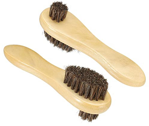 Spazzola per scarpe in crine di cavallo con manico, confezione da 2 paia di daubers polacco a doppia faccia per panno in pelle, colore legno