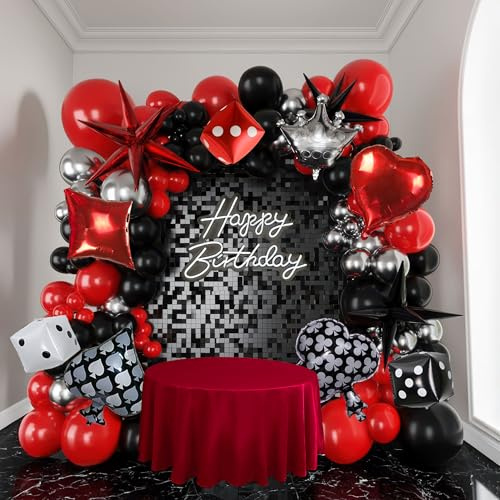 Casino theme party decorations Red black Silver Casino balloons Garland kit With Star Dice Crown Poker balloons for Birthday Las Vegas Poker night decor