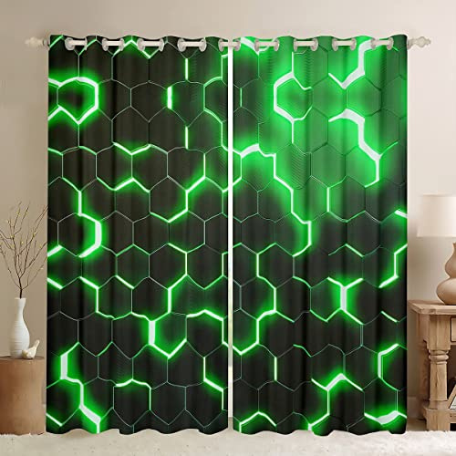 3D Honeycomb Curtains for Bedroom Hexagon Window Treatment Glitter Window Drapes Dark Green Window Draperies for Kids Boys Girls Adults W52*L63