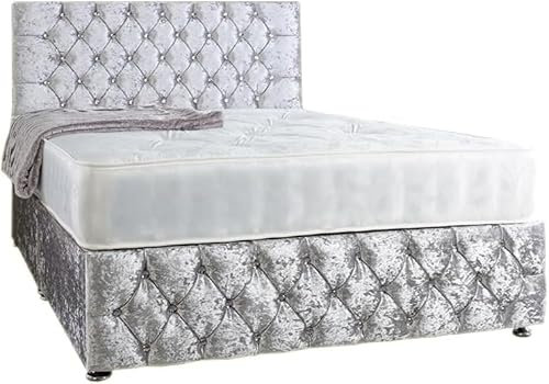 Perfect Sleep Luxury Divan Bed Crushed Velvet with Ortho Mattress, Single, Double, King Size Bed, With Drawer Options, Including Headboard (4ft6 Double, 2 Drawers Same Side)