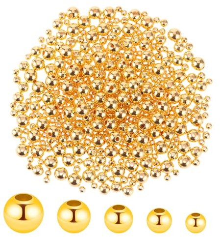 1000 Stück glitzernde goldene glatte runde Abstandsperlen in verschiedenen Größen, runde Abstandsperlen aus Messing, anlaufgeschützt, nahtlose lose Perlen für DIY-Handwerk, Armband