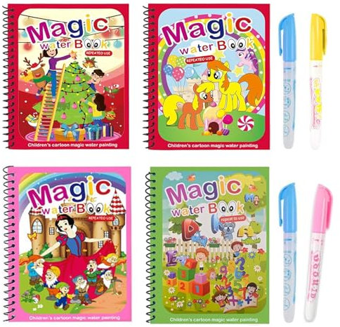 SLshiBo Wassermalbuch 4 Stück Water Wow Malbuch, Magic Water Colouring Book mit Wasserstift, Wiederverwendbares Magisches Malbücher set, Wasser Malbuch Doodle für Kinder