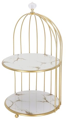 Kosmetikständer, Doppelschichtiger Vogelkäfig, Desktop-Make-up-Organizer, Vogelkäfig, Kuchenständer, Dessert-Display-Ständer (Weißes Grundgoldmuster)