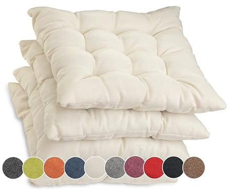 sunnypillow 4er Set Stuhlkissen mit Bändern 40x40 cm - Bequeme Polsterauflage 8cm dick - Auflage für Stühle/Bänke in Haus und Garten Sitzkissen Sitzauflage Gartenkissen Outdoor/Indoor - Ecru