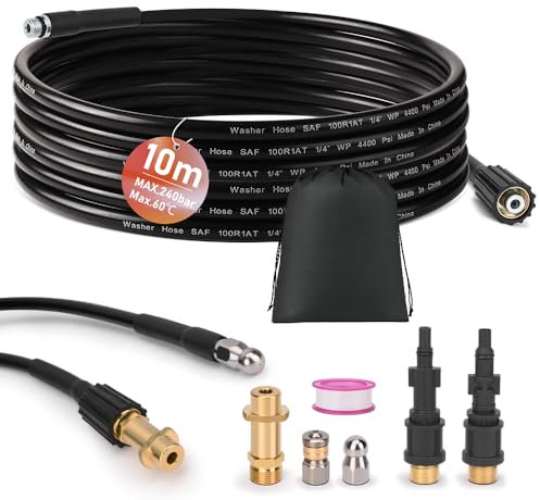 10m Rohrreinigungsschlauch inkl 3 Adapter, 2 Düsen starr + rotierend, Rohrreinigungsset für K2-K7,LAVOR,Bosch,Parkside Abflussreiniger Hochdruckschlauch Rohrreiniger Hochdruckreiniger Hose 240Bar 60°C