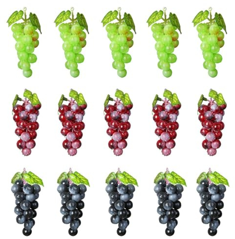Molyorch 15 Piezas Racimos Uvas Artificiales, Uvas Artificiales Realistas, Uvas de Plástico Falsas Decoración, para Decoración de Vino, Apoyos Artificiales de La Fruta
