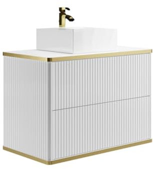 Vente-unique-Mobile per bagno sospeso con scanalature con profilo Dorato e lavabo da appoggio Bianco 80 cm - KELIZA