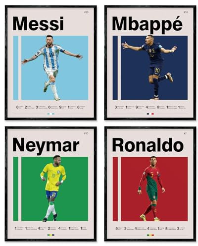 Soccer Posters 8x10 Inch Canvas Prints Unframed Set of 4 - Messi, Ronaldo, Mbape And Neymar Famous Football Superstar Poster Sports Decor for Boys Bedroom Wall Art