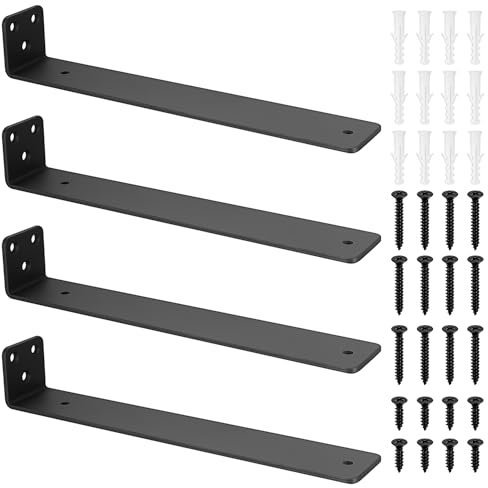 4 Pezzi Staffe per Mensole Pesanti, Reggi Mensola da Muro, Staffa per Mensola, Staffe a L in Metallo, Staffe di Supporti per Scaffali, Mensole in Legno Montate a Parete, Nere, (9.84 pollici/250 mm)