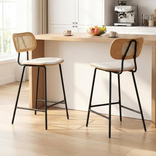 chairus Chaise Haute Bar, 2PCS Tabourets de Bar, Dossier Rotin, Blanc