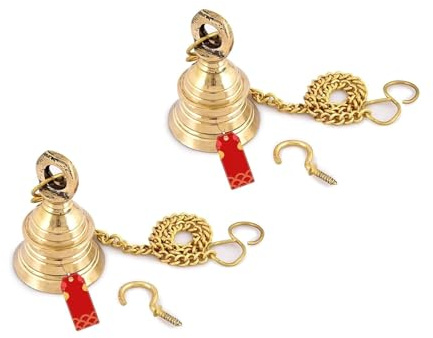 Dekorativa vägghängande klockor med kedja, 6,35 cm (2,5 tum), uppsättning av 2, guld, för Home Mandir tempel Puja Room