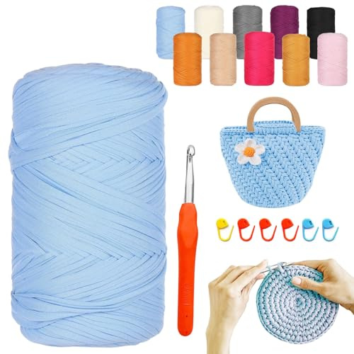 YushengTai Textilgarn, 400G/120M Textilgarn zum Häkeln Mit 9,0 mm Häkelnadel, Häkelgarn Tshirt Garn Für Taschen, Körbe, Decken, Heimdekoration (Hellblau)